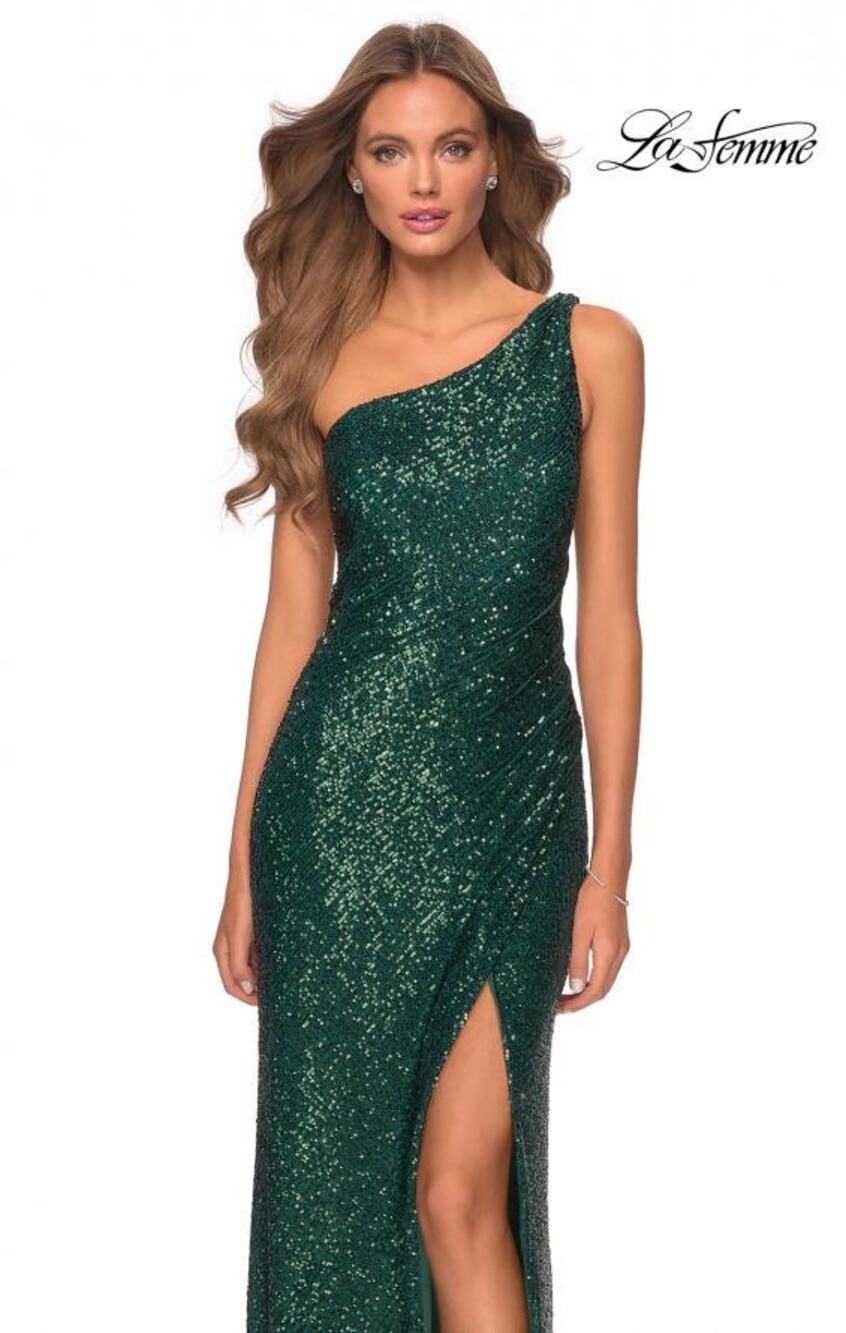 La Femme Emerald Green Long Sequin One Shoulder Ruched Slit Formal Gown Size 2